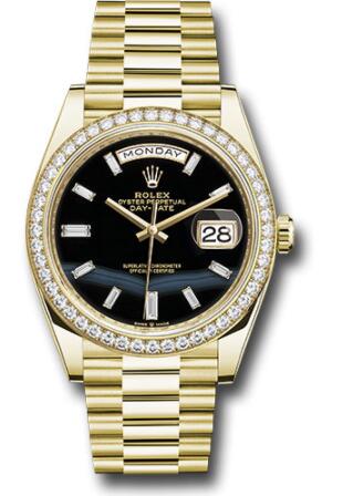 Replica Rolex Yellow Gold Day-Date 40 Watch 228348rbr Diamond Bezel Onyx Dial President Bracelet